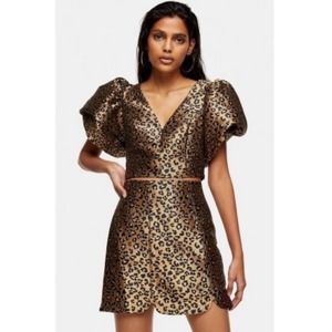 Topshop Leopard Print Puff Sleeve Mini Skirt Set in Metallic Gold